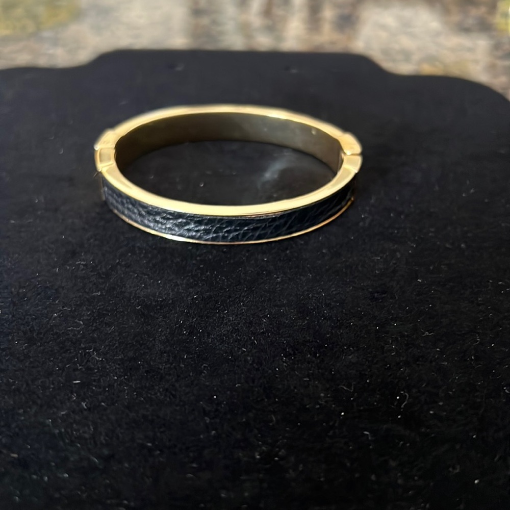 LOFT Gold Bangle with Black Leather Inlay Strap